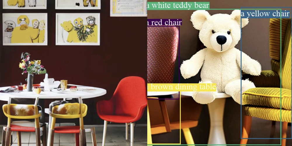Red chair, yellow chair, white teddy bear, brown dining table