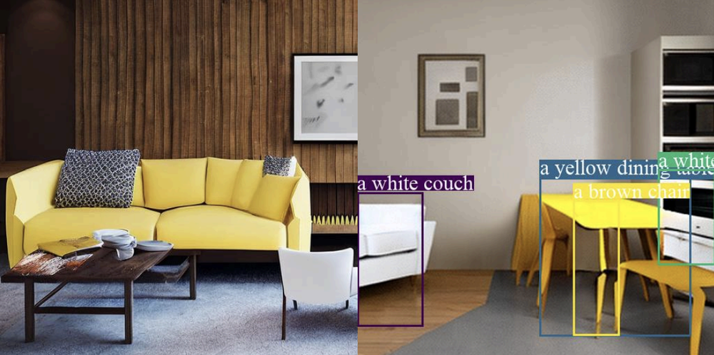 White couch, yellow dining table, white oven, brown chair