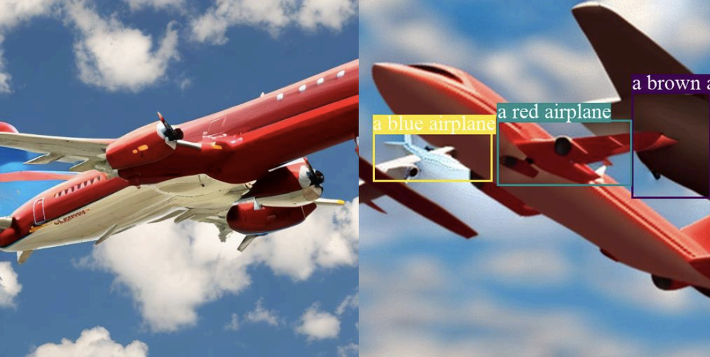 Brown airplane, red airplane, blue airplane