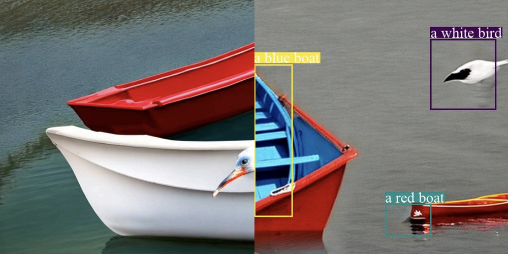 White bird, red boat, blue boat