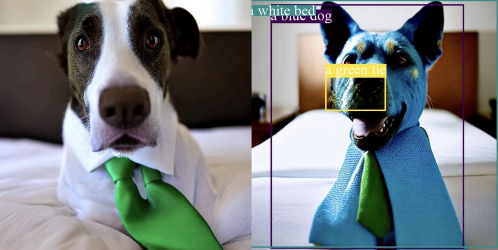Blue dog, white bed, green tie